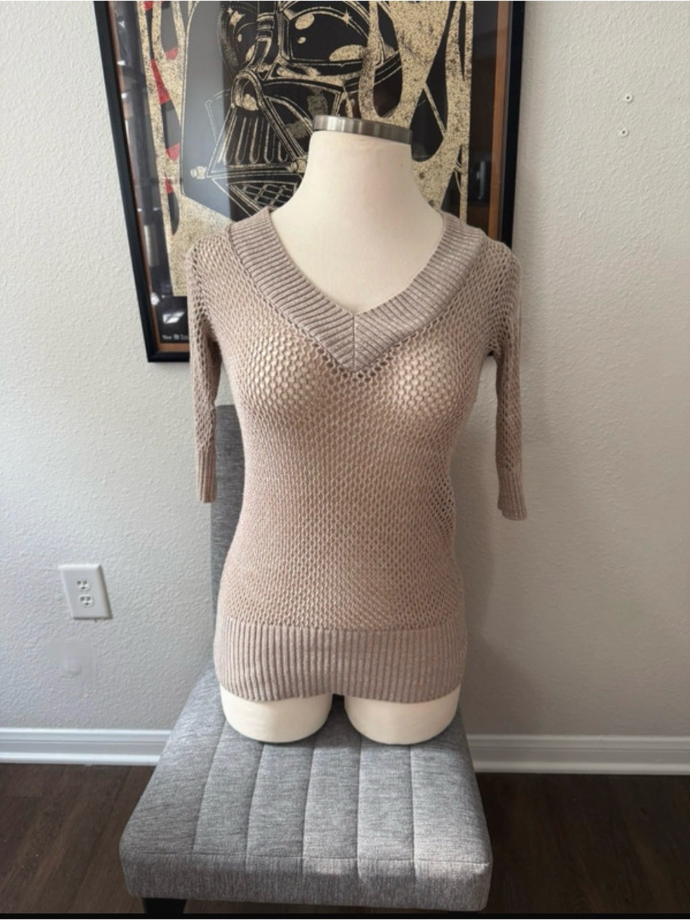 Women's V-Neck Knit Sweater Top - Beige